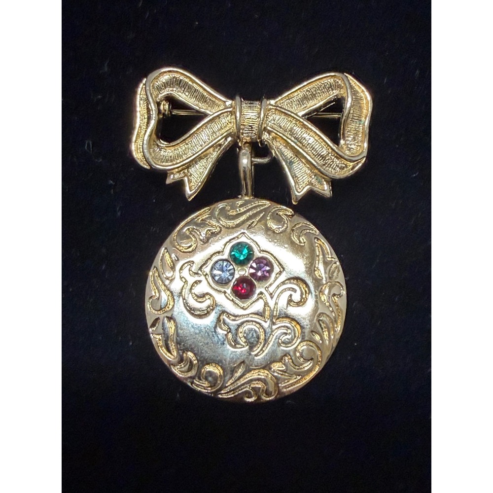 Vintage Avon Gold Tone DEAR Bow Medallion Brooch Multi Color Rhinestone Pin
